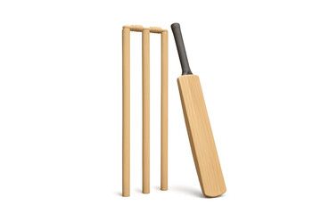 Cricket bat leaning on wickets with bails, playing sport game equipment for professional tournament