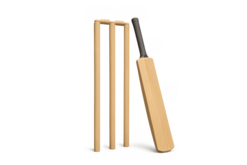 Cricket bat leaning on wickets with bails, playing sport game equipment for professional tournament