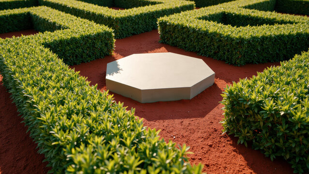 Beautifully designed maze features neatly trimmed hedges surrounding central octagonal platform, creating serene outdoor space