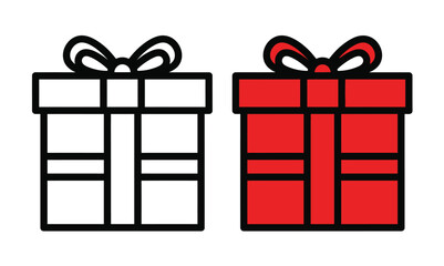 Christmas Gift Box Icon Set. Present with Ribbon Bow in Outline Black Line Art and Solid Red Color for Holiday, Celebration, and Birthday Design.