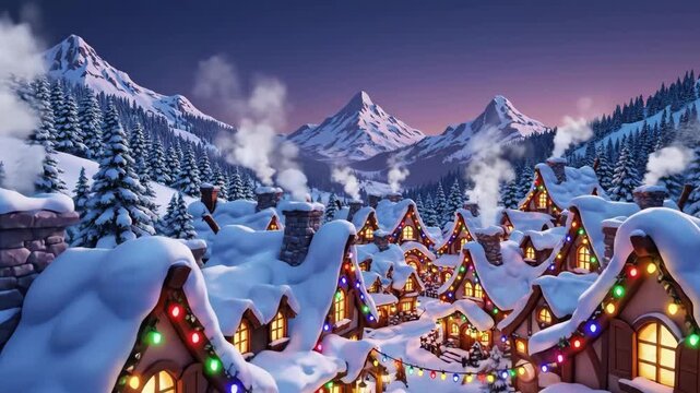 Magical Cartoon Christmas Village in Snowy Mountains at Twilight