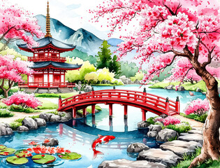 A serene Japanese landscape with traditional red sakura trees, a wooden bridge, blooming cherry trees and koi fish swimming in a quiet pond.
