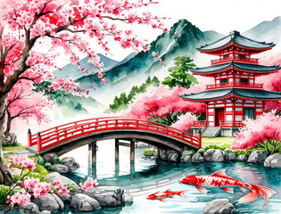 A serene Japanese landscape featuring a traditional red pagoda, a wooden bridge, cherry blossom trees, and koi fish swimming in a tranquil pond.