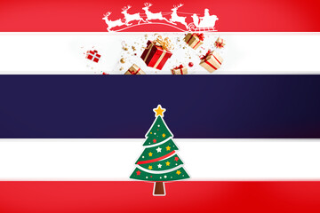 thailand flag themed holiday background with green christmas tree and santa sleigh silhouette