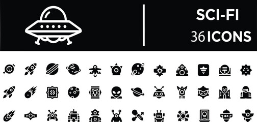 Sci-fi and science fiction solid black icons set vector design of space alien future technology outer universe exploration and modern imaginative symbols collection. © Munna_SH