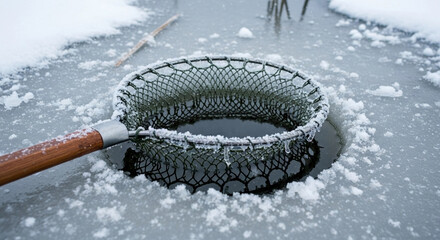 An ice fishing net rests on a frozen lake. The surface is covered with snow and ice, creating a winter scene. The water is partially visible beneath the net.