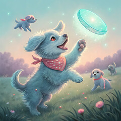 Happy fluffy puppy jumping to catch glowing frisbee at sunset