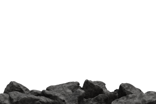 Rugged, dark gray rocks form a jagged ground line at the image bottom, starkly contrasting with the expansive, isolated transparent background above