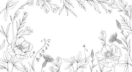 Floral bakground or wallpaper with tender flowers and leaves. Botanical foliage for wedding invitation or wall art. Vector illustration