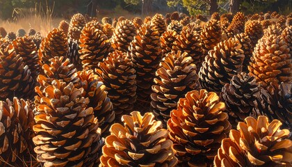 Abundant pine cones lie on the forest floor in warm sunlight.
