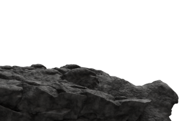 Rough, jagged dark grey rock formation, seen from a low angle, with a isolated transparent background. Textural, uneven surface suggests a cliff or barren terrain