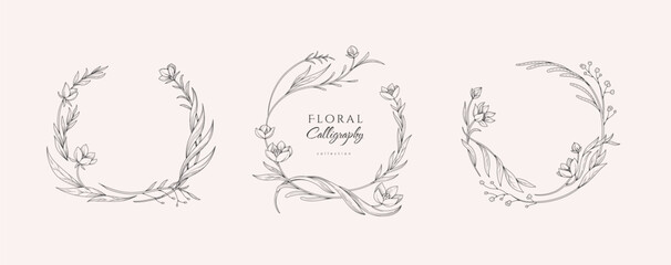 Set of elegant calligraphic botanical design elements, floral frame and graceful branches. Wedding wildflowers for invitation save the date card. Botanical feminine rustic vector illustration