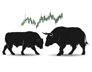 Black silhouettes of two bulls facing each other below a candlestick graph, signifying the stock market. White background