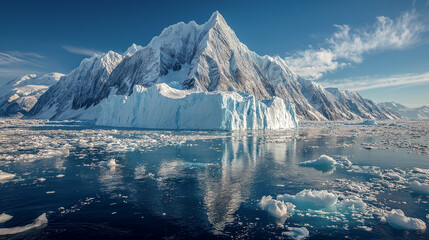 iceberg in the sea frozen lake with ice cracks and snowy mountains