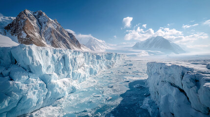 iceberg in the sea frozen lake with ice cracks and snowy mountains