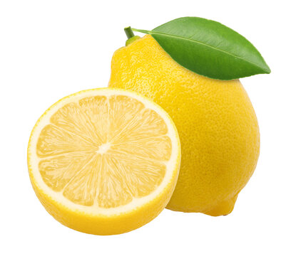 Ripe lemon with leaves and half isolated, transparent PNG, PNG format, cut out