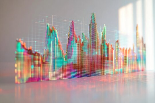 A dynamic, colorful digital bar chart illustrating complex data visualization and financial market trends with vibrant reflections.