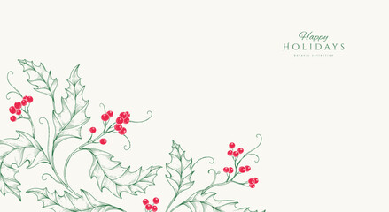 Christmas greeting card with holly plants and berries. Traditional New year decorations. Holiday invitation with hand drawn botanical engraving design