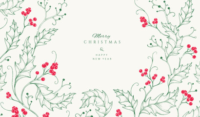 Christmas greeting card with holly plants and berries. Traditional New year decorations. Holiday invitation with hand drawn botanical engraving design