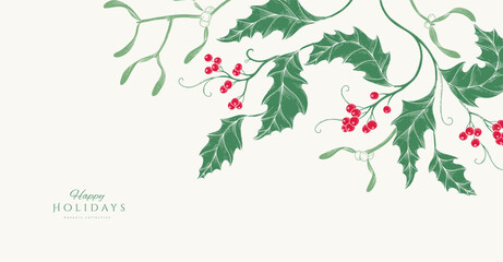 Christmas greeting card with holly plants and berries. Traditional New year decorations. Holiday invitation with hand drawn botanical engraving design