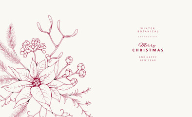 Christmas greeting illustration with winter plants and traditional New year decorations. Holiday card or invitation with hand drawn botanical engraving design