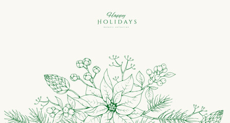 Christmas greeting illustration with winter plants and traditional New year decorations. Holiday card or invitation with hand drawn botanical engraving design