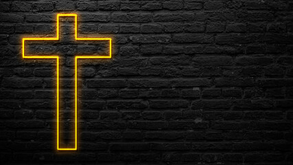 Christian cross of bright neon light glows against a textured brick wall background. Concept of...