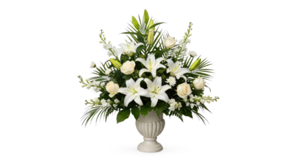 A white urn with white lilies and white roses in a funeral arrangement.