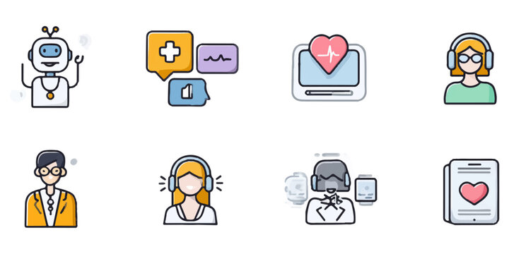 Collection of diverse medical and healthcare icons featuring professionals and technology