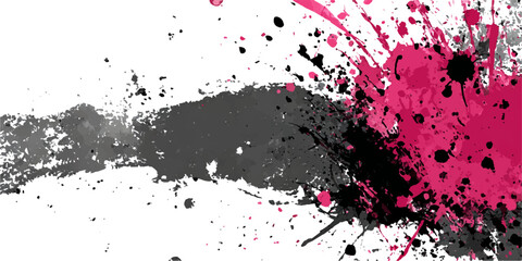 Vibrant pink and grey ink splatters explode across a stark white background creating abstract art