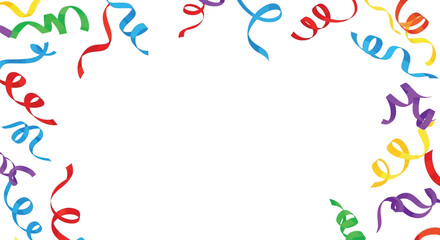 Colorful confetti streamers border a clean white background for celebrations