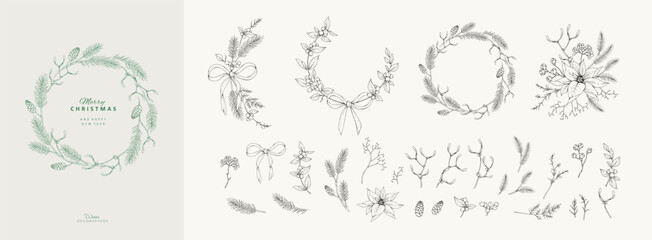 Christmas greeting wreaths, frame and vignettes with winter plants and traditional New year decorations for holiday card or invitation. Botanical set with engraving design