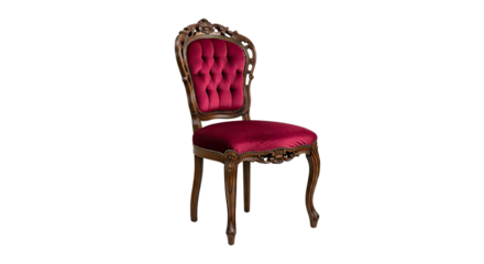 A wooden chair with a red velvet seat and backrest, featuring intricate carvings and a dark wood finish.