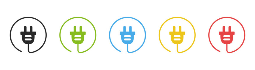 Power outlet and electric plug icon set with energy, charge, lightning and technology symbols on transparent background