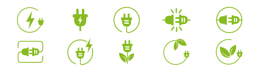 Electric plug and power outlet icon set with energy, charge, cable and voltage symbols on transparent background