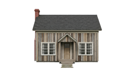 A small, rustic wooden house with a chimney and a front porch, set against a white background.