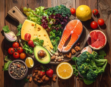 A vibrant overhead shot of a wooden board loaded with diverse fresh fruits, vegetables, protein sources, and nuts on a rustic wooden table