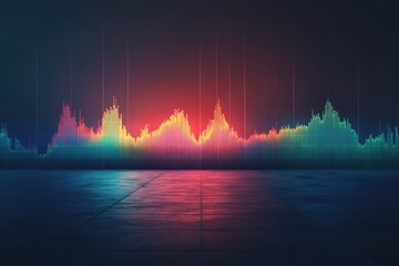 Vibrant digital equalizer visualizing dynamic audio waveforms with colorful glowing bars against a dark background, reflecting on a textured floor.