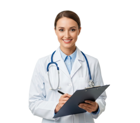 A smiling female doctor holding a clipboard and pen.