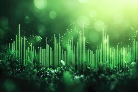 Vibrant green digital cityscape with glowing data bars and network connections emerging from natural foliage, representing eco-tech and sustainable growth.