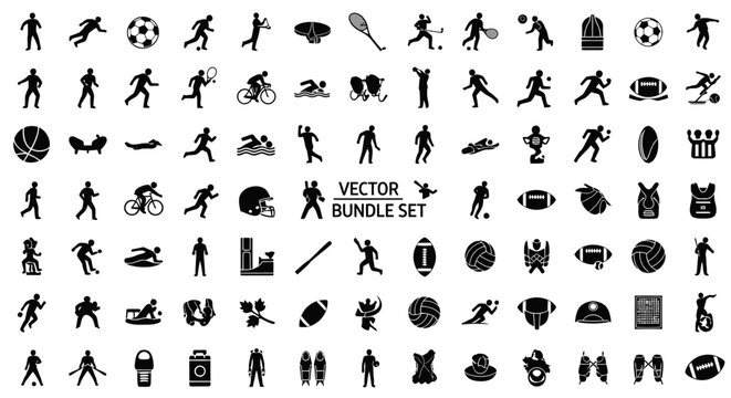 A collection of black and white sport icons representing various athletic activities and equipment