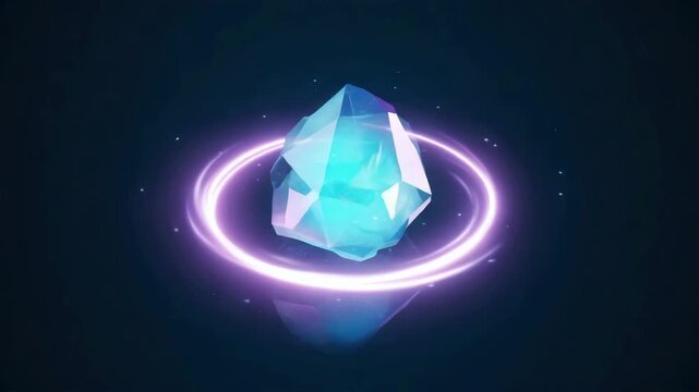 Glowing cyan crystal artifact with a purple ring of light on a dark reflective surface gemstone