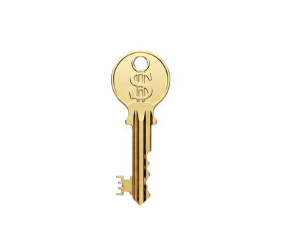 A gold key with a dollar sign on it, isolated on a white background.