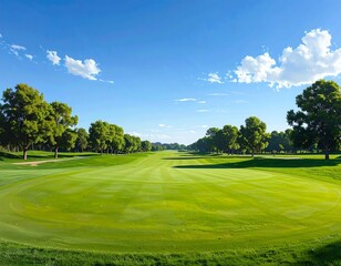 Obraz premium Lush, green fairway of a golf course, framed by rows of trees under a bright blue sky with scattered clouds