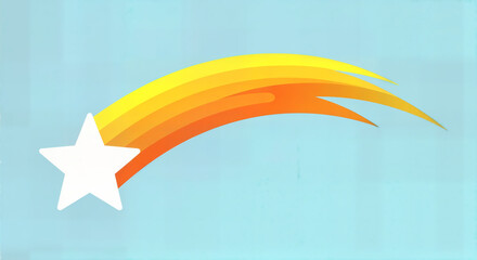 A white star with a vibrant yellow and orange comet tail streaking across a light blue sky.