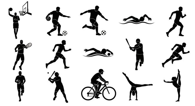Silhouette illustrations of various sports activities on a white background showcase diverse athleticism