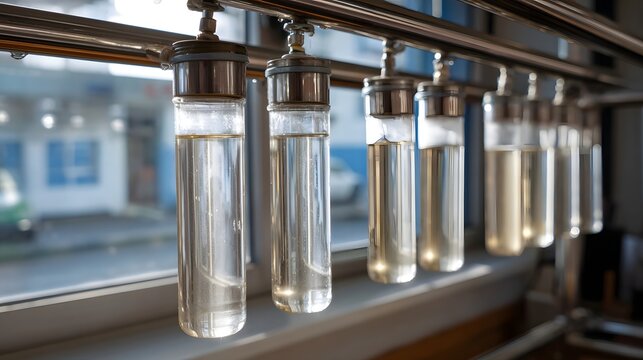 Row of scientific testing tubes containing clear liquids suspended from a metal rack in a laboratory setting