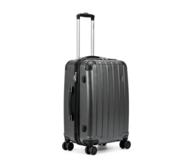 A metallic gray suitcase with a silver handle and wheels on a png transparent.