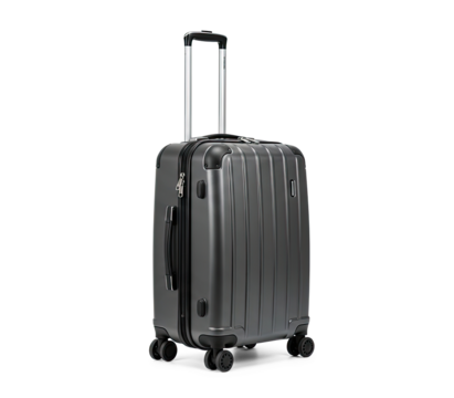 A metallic gray suitcase with a silver handle and wheels on a png transparent.