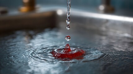 A clear water drop falls into a sink mixing with a red liquid creating concentric ripples
